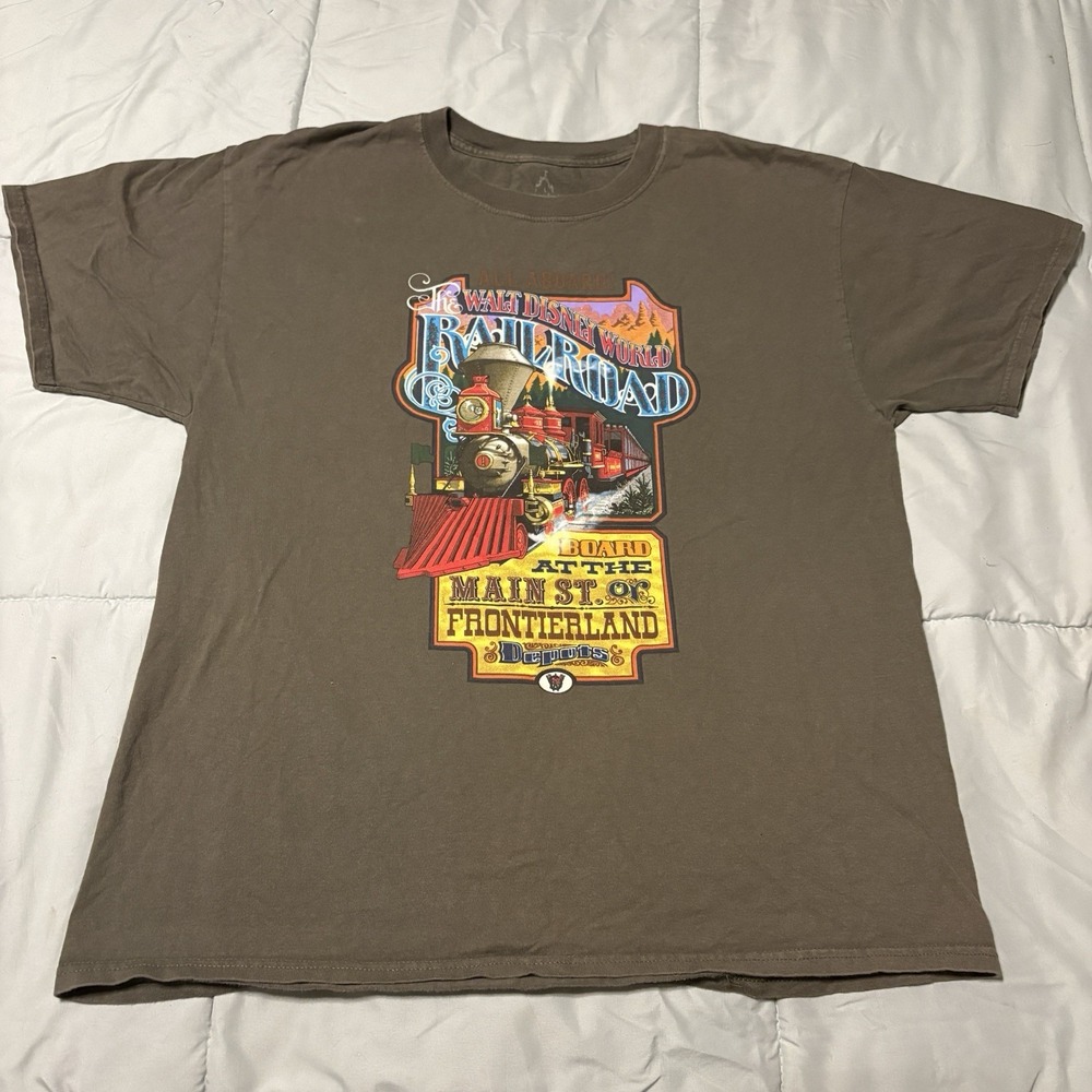 Disney Walt Disney World Railroad All Aboard Main St Frontierland Train Tee Lg